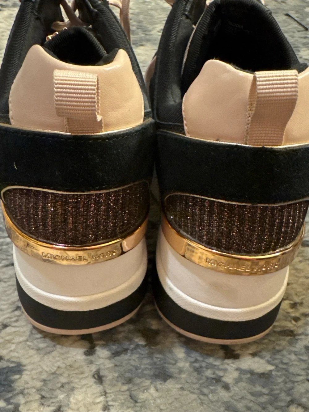 Michael Kors Wedge Sneakers rose gold pink glitter black logo 11 rare!